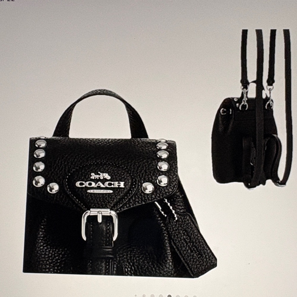 Coach Black Pebbles Leather Studded Drawstring Backpack with Silver Accents - Picture 11 of 11